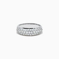 The 14K White Gold 3 Row Pave Diamond Dome Band showcases three closely set rows of pave diamonds, crafted in a sleek dome design and presented on a plain white background.