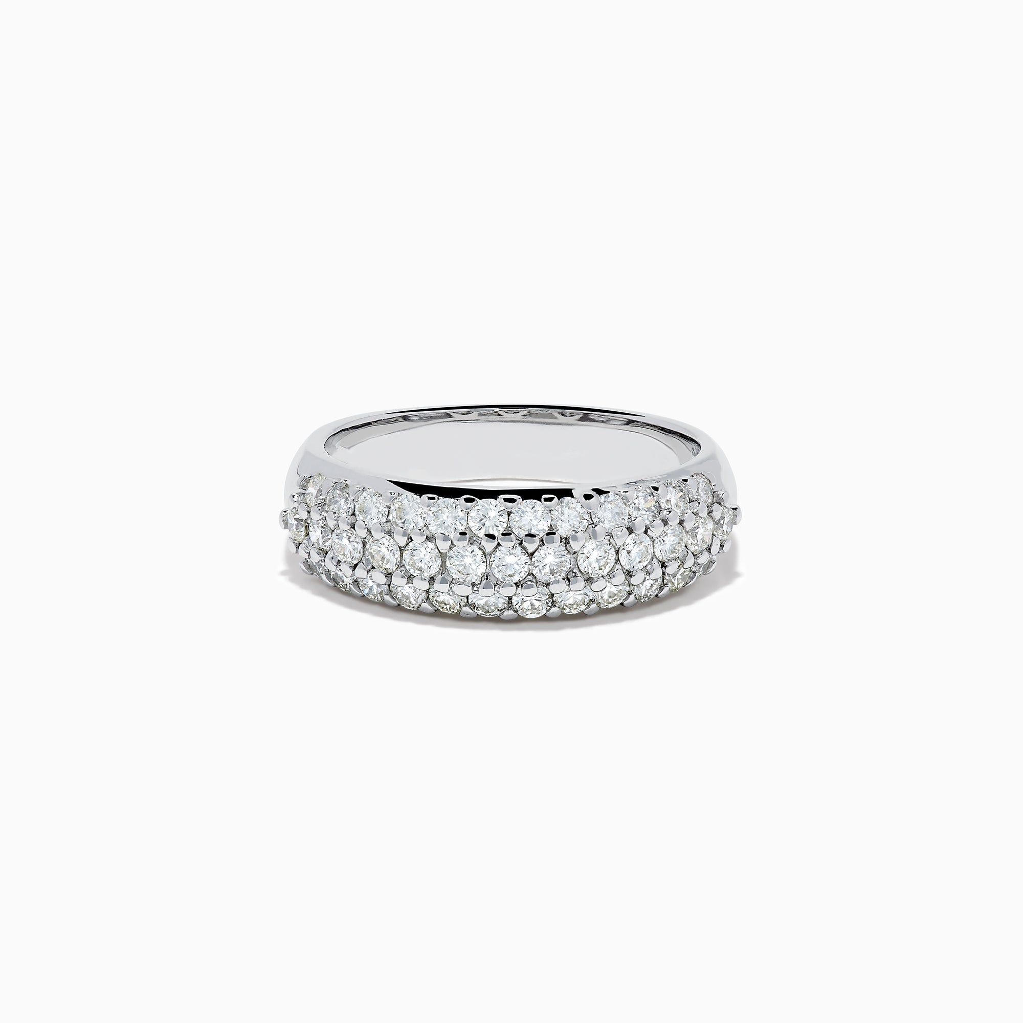 The 14K White Gold 3 Row Pave Diamond Dome Band showcases three closely set rows of pave diamonds, crafted in a sleek dome design and presented on a plain white background.