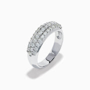 The 14K White Gold 3 Row Pave Diamond Dome Band showcases three closely set rows of pave diamonds, crafted in a sleek dome design and presented on a plain white background.