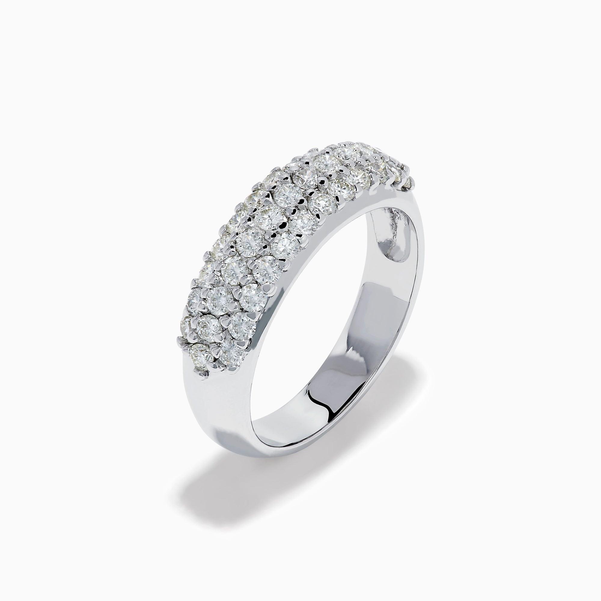 The 14K White Gold 3 Row Pave Diamond Dome Band showcases three closely set rows of pave diamonds, crafted in a sleek dome design and presented on a plain white background.