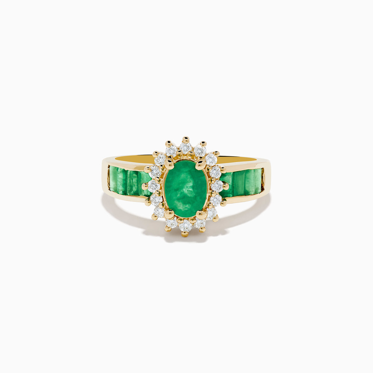 The Brasilica 14K Yellow Gold Emerald and Diamond Ring features an oval emerald center, sparkling diamonds, and elegant green inlays along the band.