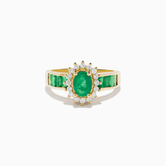 The Brasilica 14K Yellow Gold Emerald and Diamond Ring features an oval emerald center, sparkling diamonds, and elegant green inlays along the band.