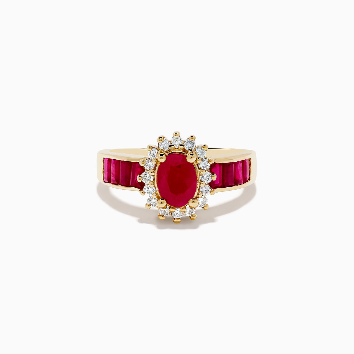The Ruby Royale 14K Yellow Gold Ruby and Diamond Ring showcases an oval ruby centerpiece, surrounded by white diamonds and accented with rectangular red stones along the band.