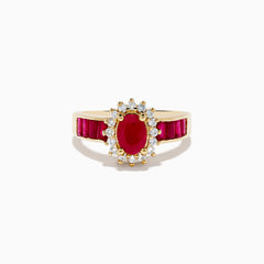 The Ruby Royale 14K Yellow Gold Ruby and Diamond Ring showcases an oval ruby centerpiece, surrounded by white diamonds and accented with rectangular red stones along the band.