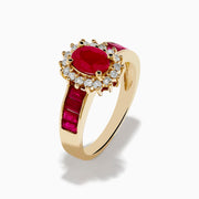 The Ruby Royale 14K Yellow Gold Ruby and Diamond Ring showcases an oval ruby centerpiece, surrounded by white diamonds and accented with rectangular red stones along the band.