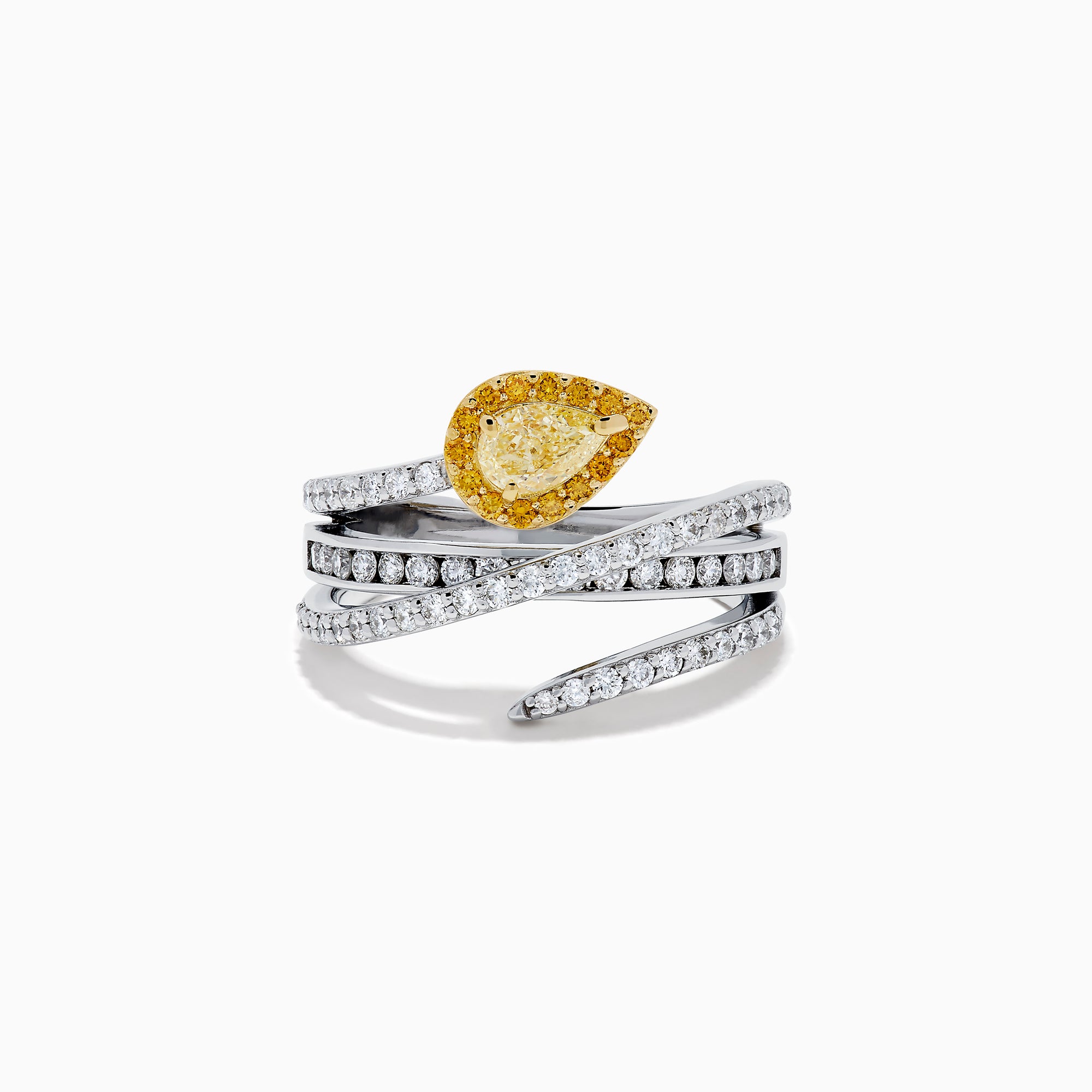 The 18K Two-Tone Gold White and Yellow Diamond Crossover Bypass Ring showcases overlapping diamond bands, a large pear-shaped yellow diamond at the center, and smaller yellow diamonds for a striking two-tone effect.