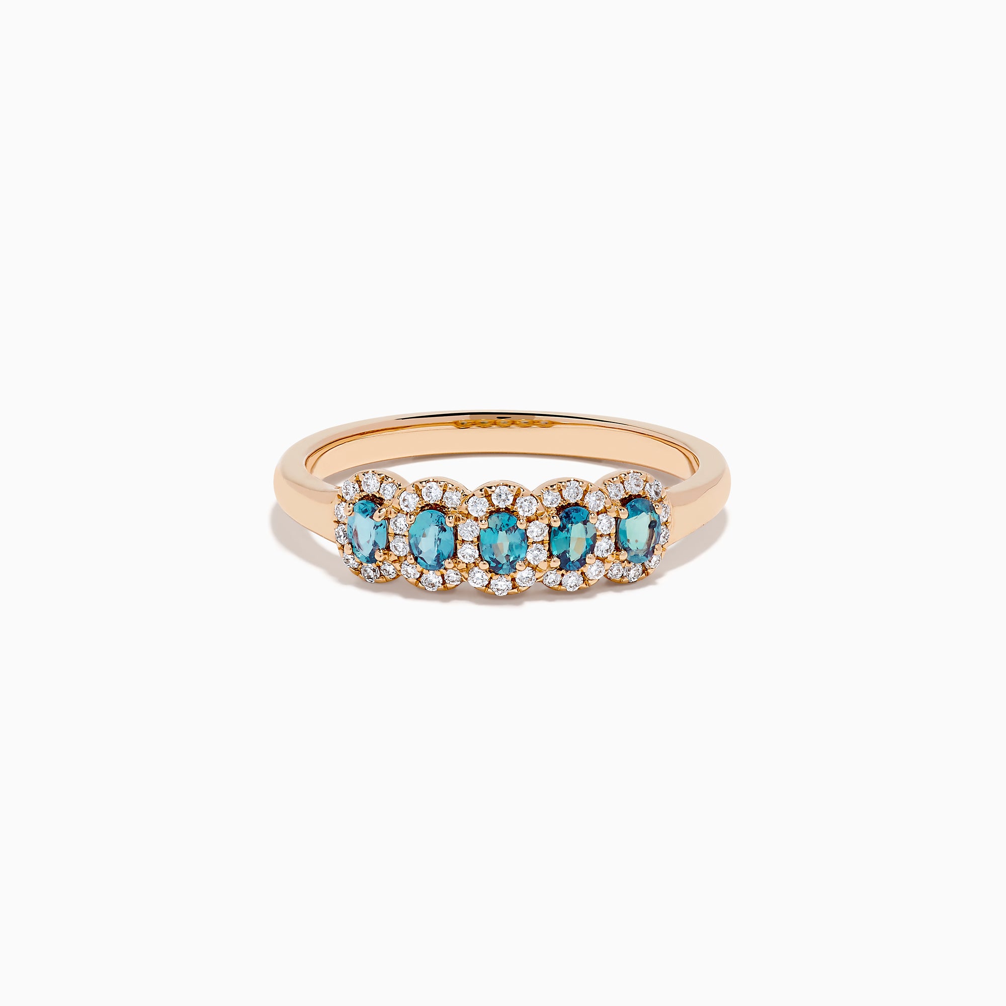 The 18K Rose Gold Alexandrite and Diamond Ring features five oval alexandrites, each encircled by sparkling white diamonds, showcased against a white background.