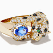 The Signature 14K Yellow Gold Tanzanite and Diamond Panther Ring showcases a sculpted panther with green gemstone eyes, diamond and black stone accents, holding an oval tanzanite gemstone.