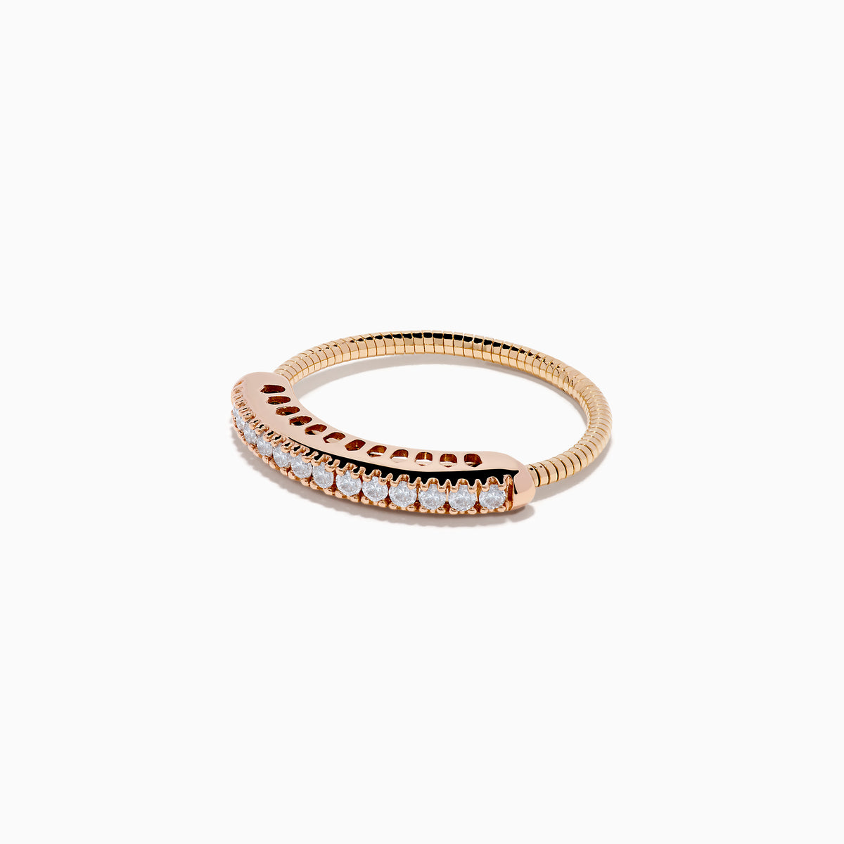 The 14K Rose Gold Flexible Size 7-10 Diamond Ring showcases a row of small, round white diamonds along the band and is shown on a plain white background. Adjustable fit ensures comfort for any occasion.