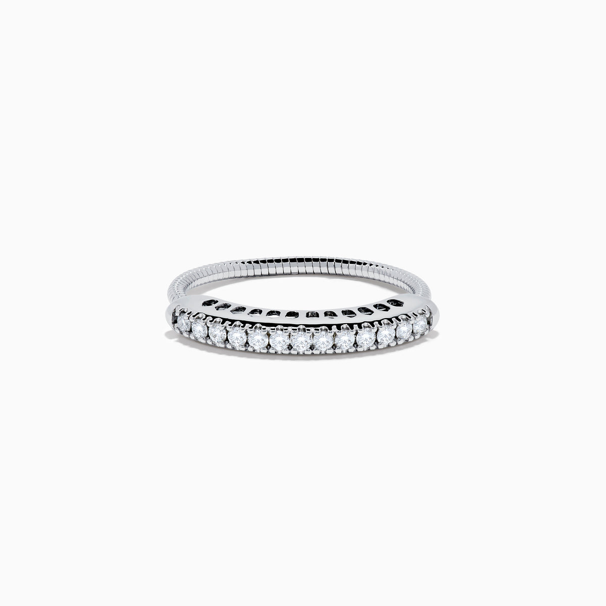 The 14K White Gold Flexible Size 7-10 Diamond Ring features a row of small round diamonds along the top and is displayed on a plain white background.