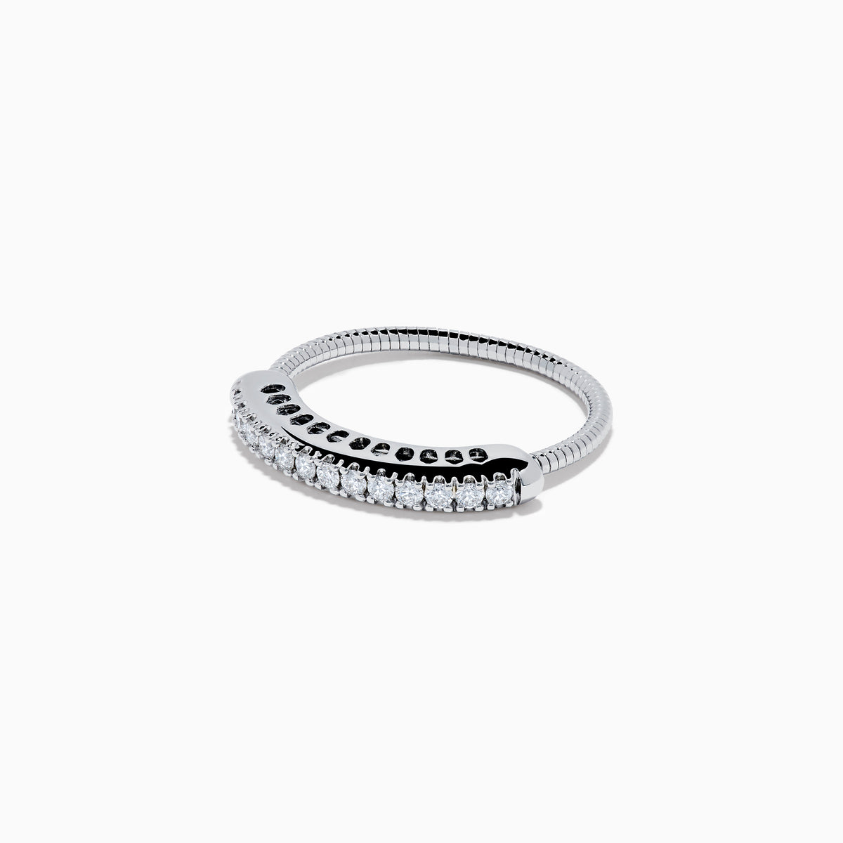 The 14K White Gold Flexible Size 7-10 Diamond Ring features a row of small round diamonds along the top and is displayed on a plain white background.