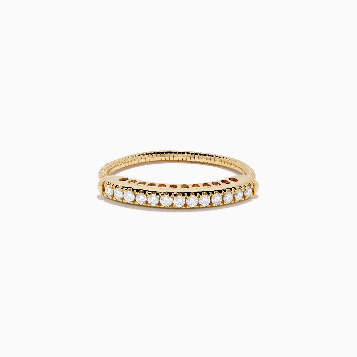 The 14K Yellow Gold Flexible Size 7-10 Diamond Ring showcases a row of round white diamonds set along the top half on a plain white background, with an adjustable fit for comfort.