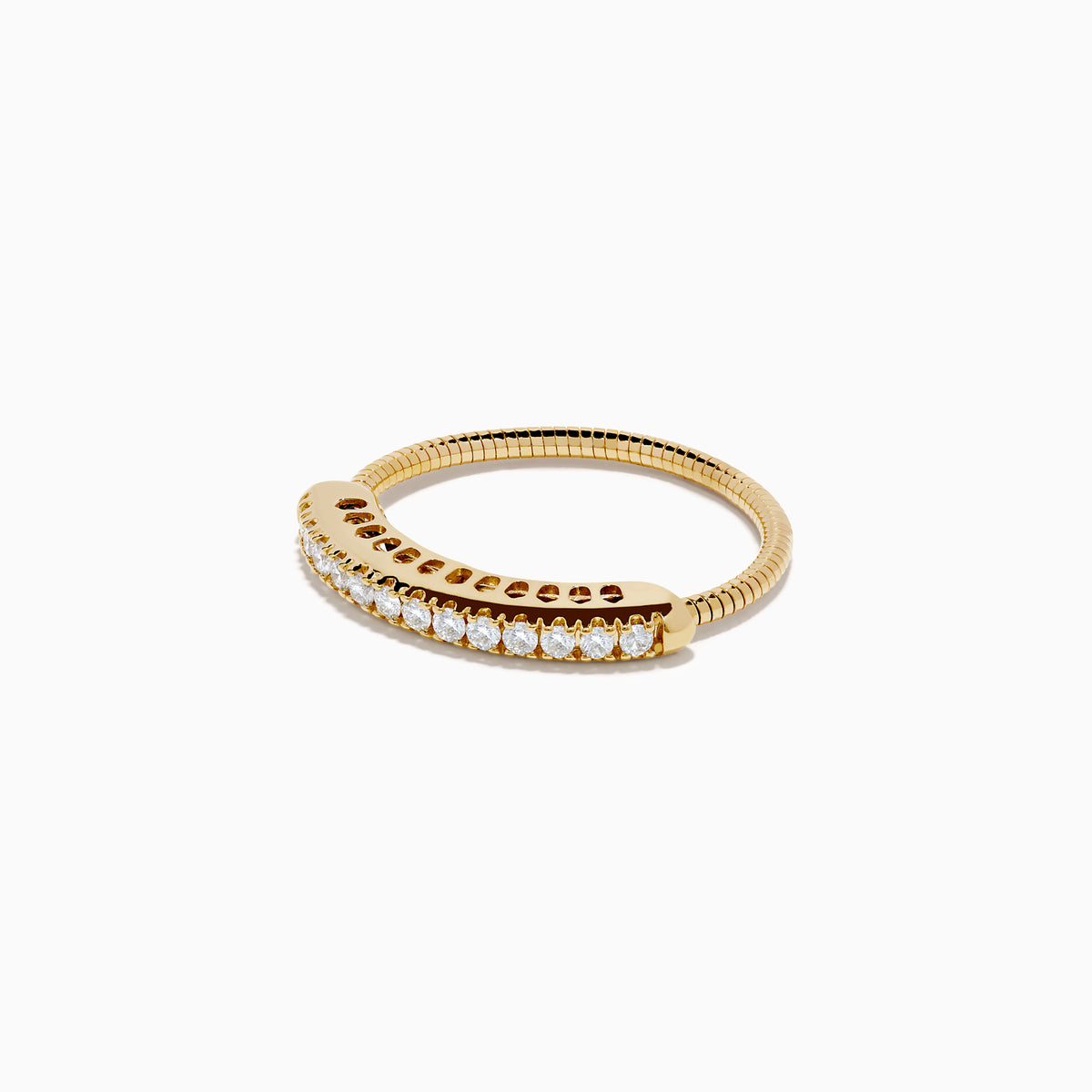 The 14K Yellow Gold Flexible Size 7-10 Diamond Ring showcases a row of round white diamonds set along the top half on a plain white background, with an adjustable fit for comfort.