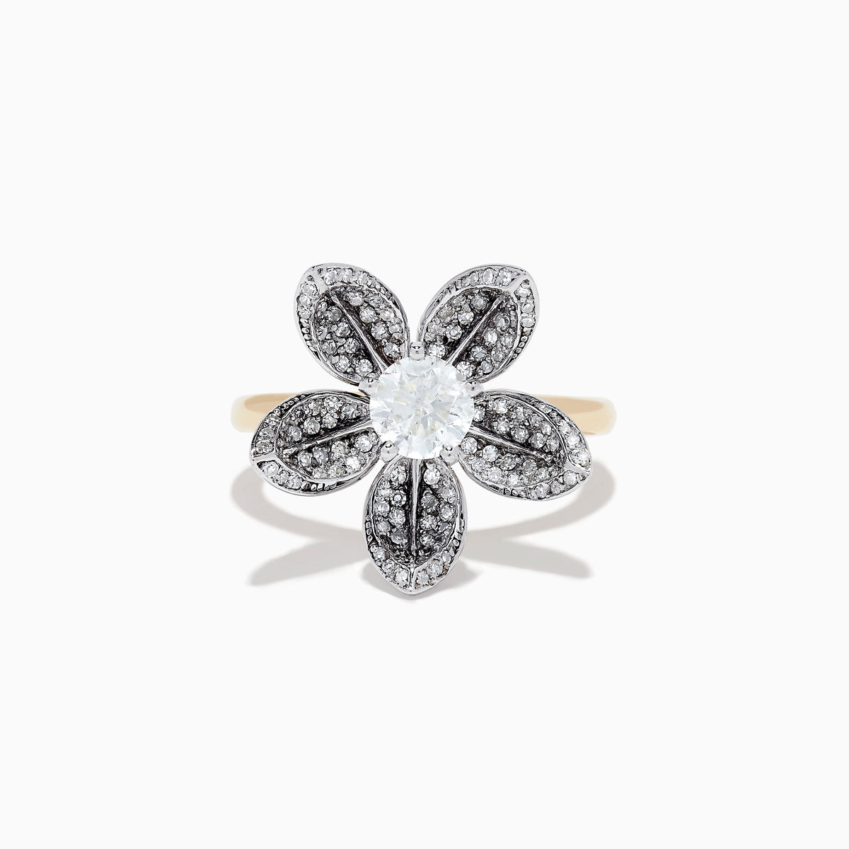 The Nature 14K Two-Tone Gold Diamond Floral Ring 1.06 TCW features a dazzling flower design with diamond accents and a central diamond, shown on a white background.