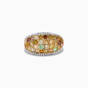 The 14K Two-Tone Gold Multi Color Diamond Ring features rows of round yellow, orange, brown, and green diamonds accented by a border of sparkling white stones.