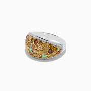 The 14K Two-Tone Gold Multi Color Diamond Ring features rows of round yellow, orange, brown, and green diamonds accented by a border of sparkling white stones.