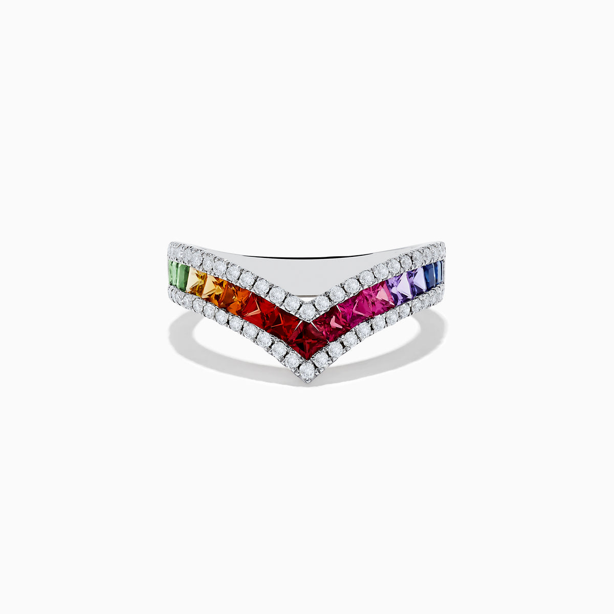 The Watercolors 14K White Gold Multi Sapphire and Diamond Ring features a chevron shape with square-cut multi sapphires and sparkling white diamonds, set on a white gold band, shown against a white background.