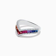 The Watercolors 14K White Gold Multi Sapphire and Diamond Ring features a chevron shape with square-cut multi sapphires and sparkling white diamonds, set on a white gold band, shown against a white background.