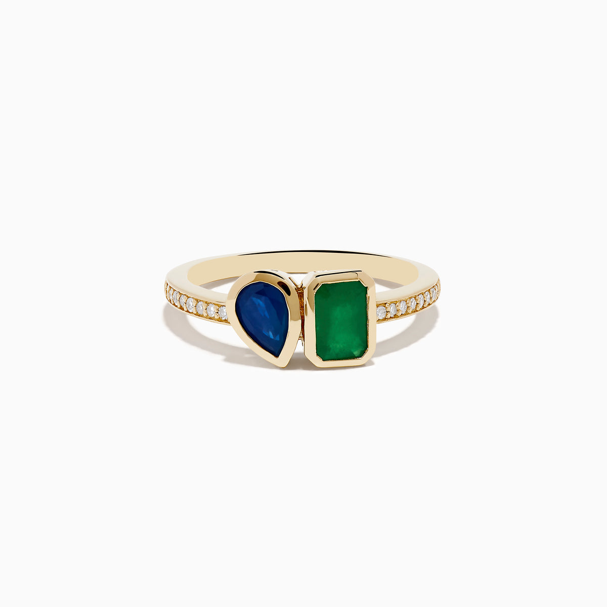 The 14K Yellow Gold Emerald and Sapphire Toi Et Moi Diamond Ring features a teardrop sapphire, rectangular green emerald, and small diamonds set along half the band, shown on a white background.