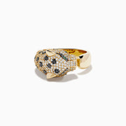 The Signature 14K Yellow Gold Diamond Spotted Panther Ring features a panther’s head adorned with white and black gemstones and vibrant green stones for the eyes.