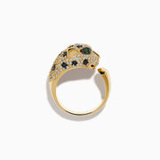 The Signature 14K Yellow Gold Diamond Spotted Panther Ring features a panther’s head adorned with white and black gemstones and vibrant green stones for the eyes.