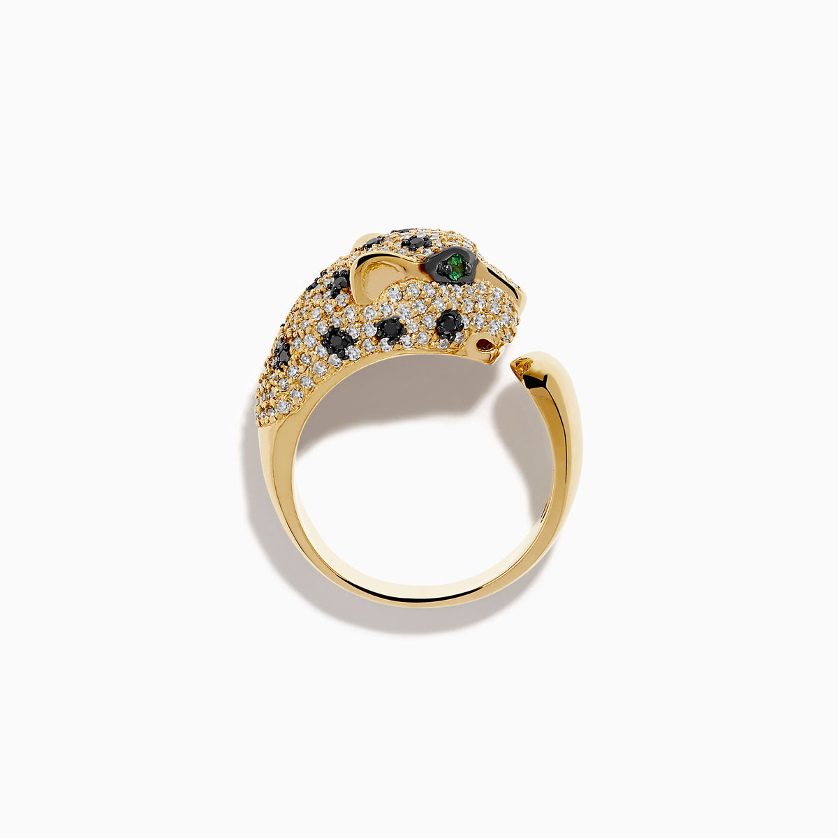 The Signature 14K Yellow Gold Diamond Spotted Panther Ring features a panther’s head adorned with white and black gemstones and vibrant green stones for the eyes.