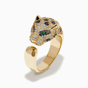 The Signature 14K Yellow Gold Diamond Spotted Panther Ring features a panther’s head adorned with white and black gemstones and vibrant green stones for the eyes.