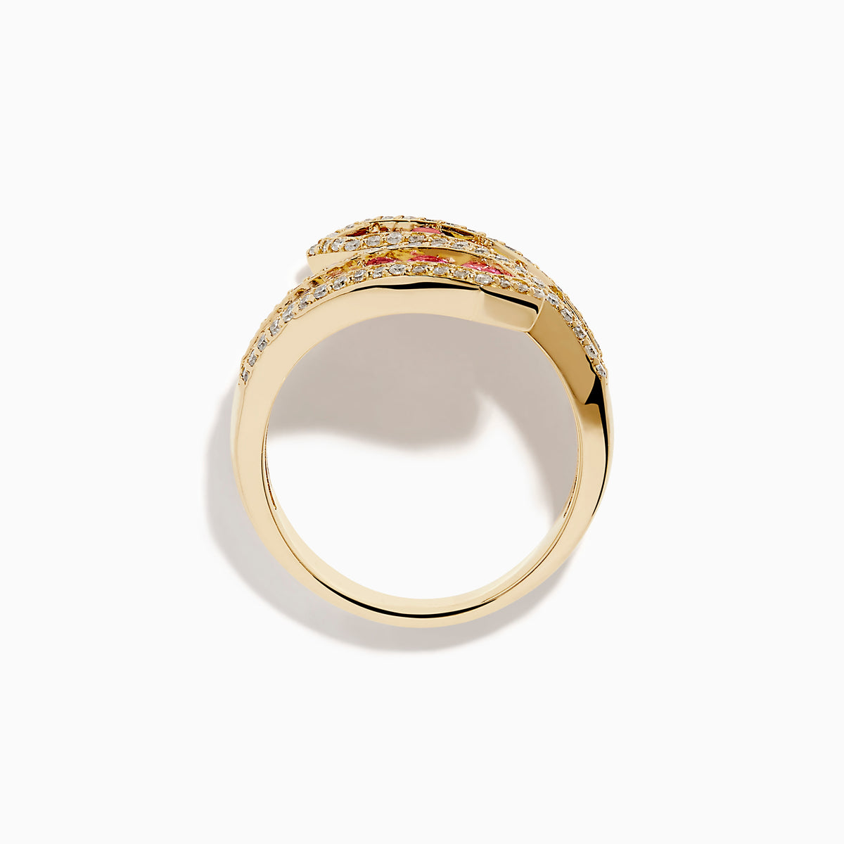 The Watercolors 14K Yellow Gold Multi Color Sapphire and Diamond Bypass Ring showcases a wrap-around design with rainbow sapphires in two rows, bordered by sparkling clear diamonds on both edges, set against a white background.