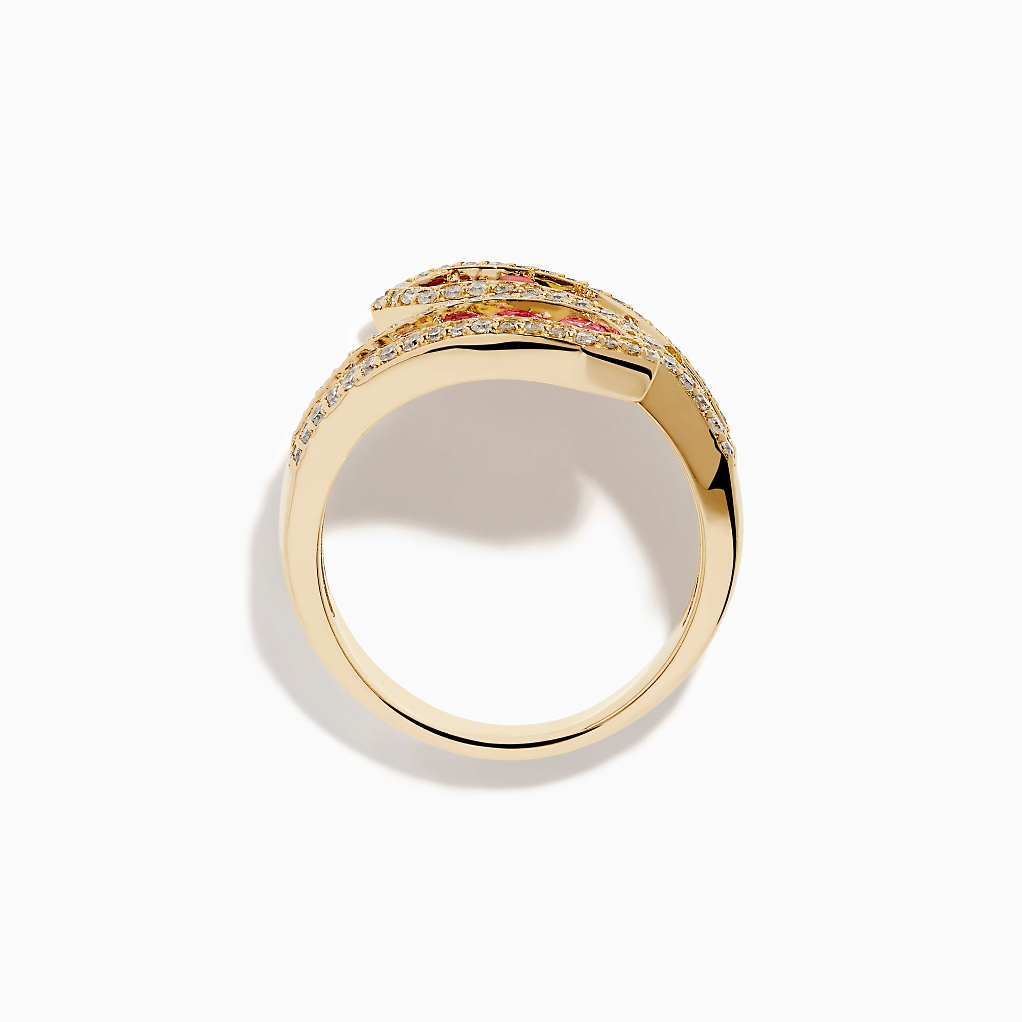 The Watercolors 14K Yellow Gold Multi Color Sapphire and Diamond Bypass Ring showcases a wrap-around design with rainbow sapphires in two rows, bordered by sparkling clear diamonds on both edges, set against a white background.
