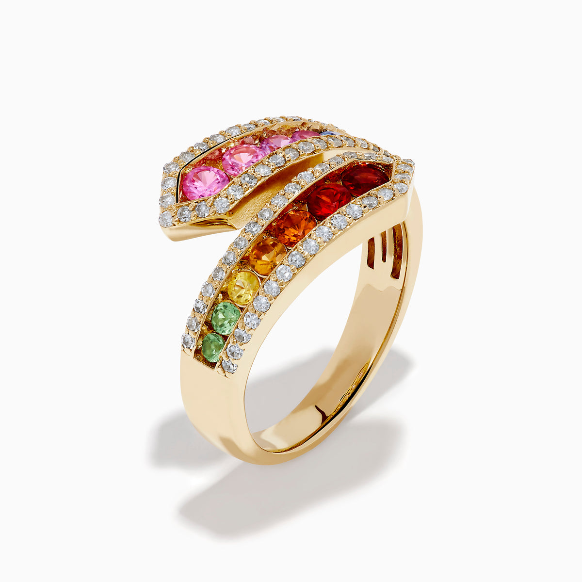 The Watercolors 14K Yellow Gold Multi Color Sapphire and Diamond Bypass Ring showcases a wrap-around design with rainbow sapphires in two rows, bordered by sparkling clear diamonds on both edges, set against a white background.