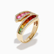 The Watercolors 14K Yellow Gold Multi Color Sapphire and Diamond Bypass Ring showcases a wrap-around design with rainbow sapphires in two rows, bordered by sparkling clear diamonds on both edges, set against a white background.