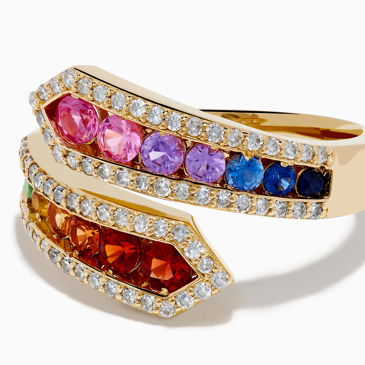 The Watercolors 14K Yellow Gold Multi Color Sapphire and Diamond Bypass Ring showcases a wrap-around design with rainbow sapphires in two rows, bordered by sparkling clear diamonds on both edges, set against a white background.