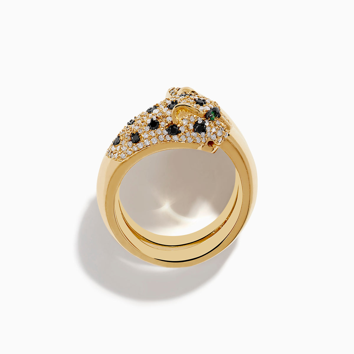The Signature 14K Gold White and Black Diamond Panther Wrap Ring features a coiled panther with black diamond accents, black gemstones, and striking green gemstone eyes set against a white background.