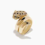 The Signature 14K Gold White and Black Diamond Panther Wrap Ring features a coiled panther with black diamond accents, black gemstones, and striking green gemstone eyes set against a white background.