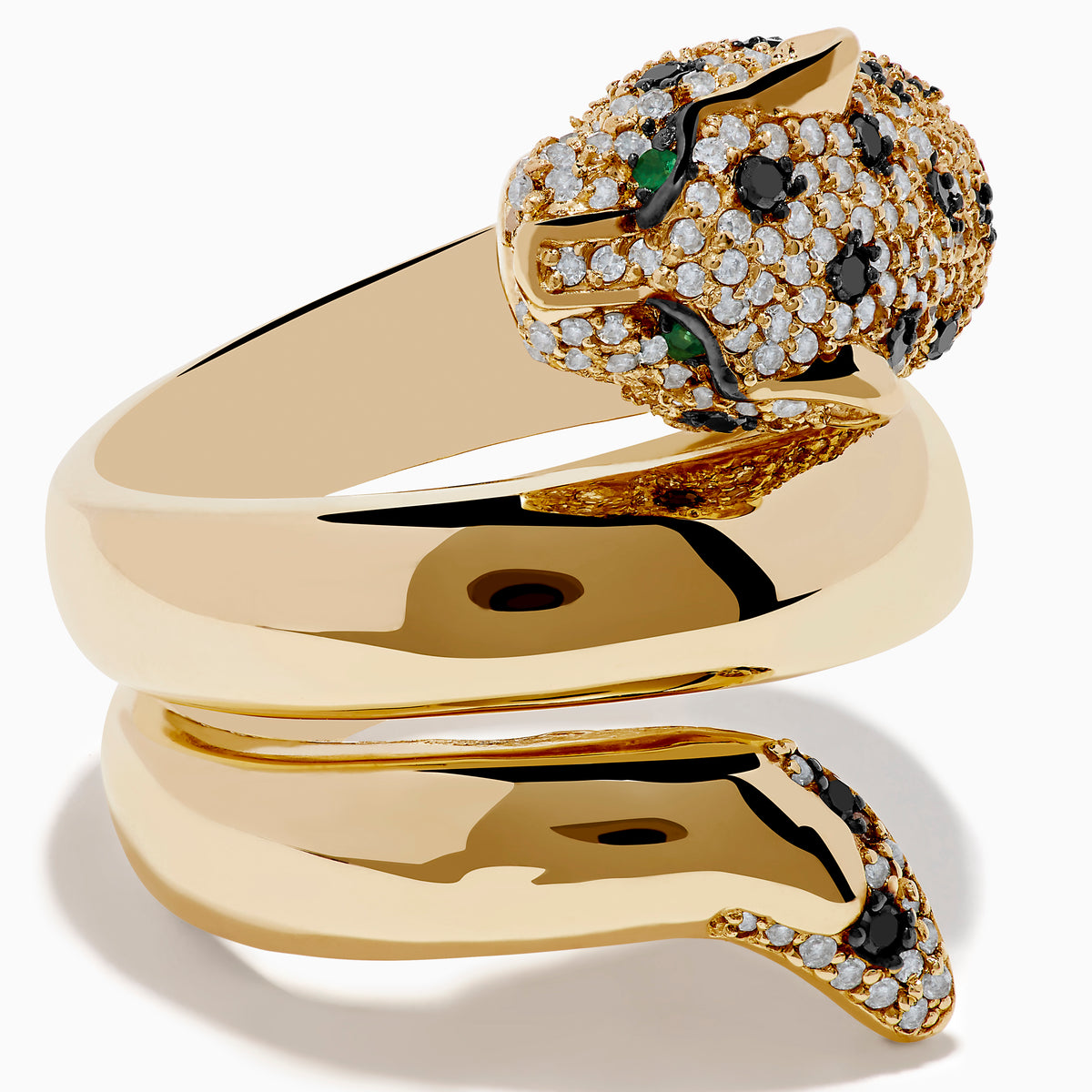 The Signature 14K Gold White and Black Diamond Panther Wrap Ring features a coiled panther with black diamond accents, black gemstones, and striking green gemstone eyes set against a white background.