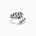 The Signature 14K White Gold Diamond Bypass Panther Ring features white and black diamond clusters, two green gemstone eyes, and a large central diamond set in the panther’s mouth.