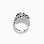 The Signature 14K White Gold Diamond Bypass Panther Ring features white and black diamond clusters, two green gemstone eyes, and a large central diamond set in the panther’s mouth.