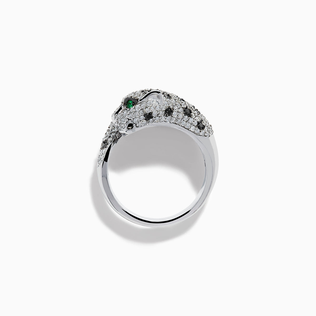 The Signature 14K White Gold Diamond Bypass Panther Ring features white and black diamond clusters, two green gemstone eyes, and a large central diamond set in the panther’s mouth.