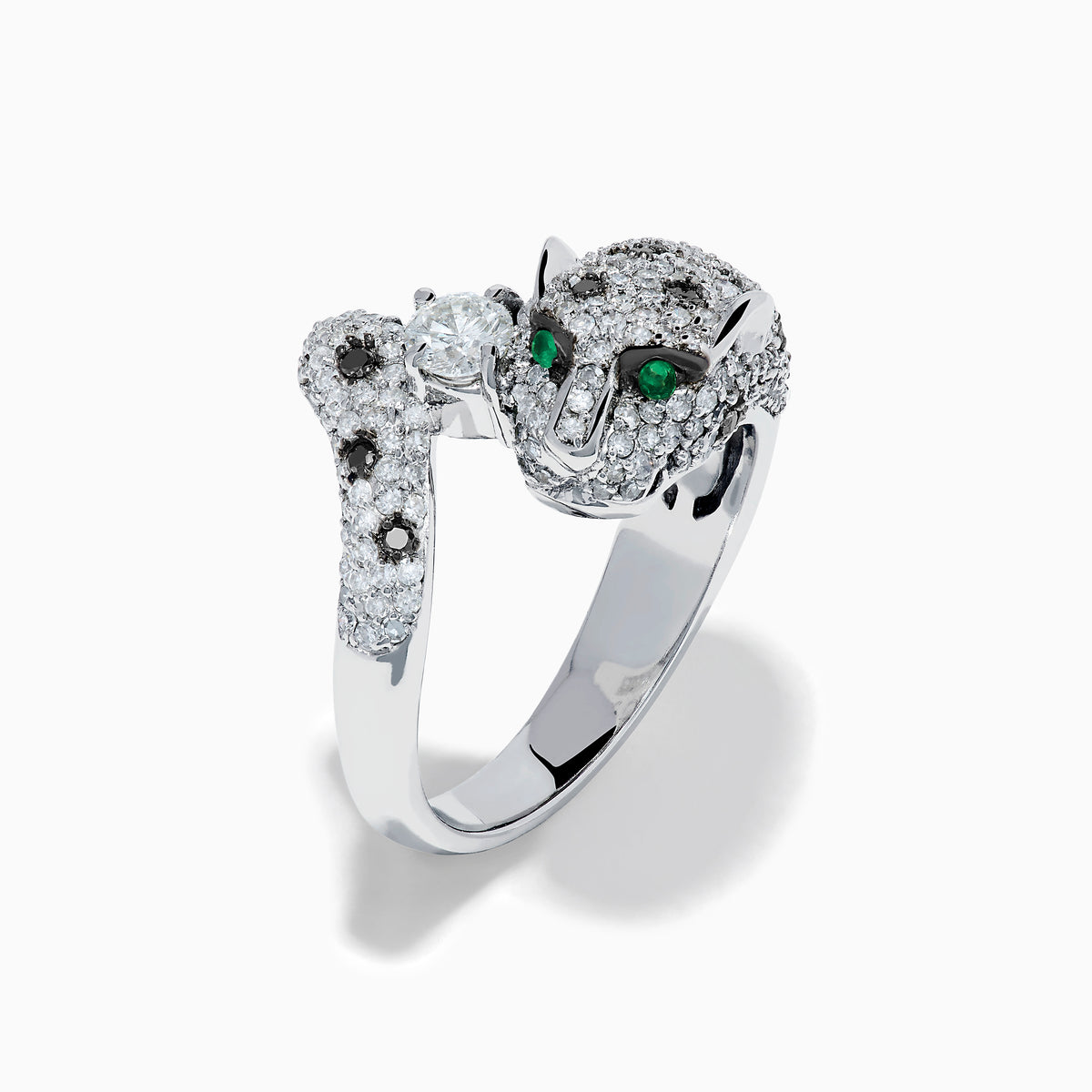 The Signature 14K White Gold Diamond Bypass Panther Ring features white and black diamond clusters, two green gemstone eyes, and a large central diamond set in the panther’s mouth.