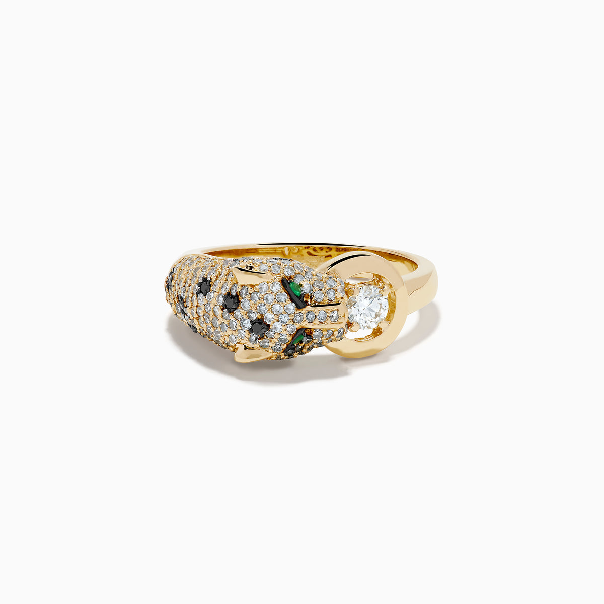 The Signature 14K Yellow Gold Diamond Panther Ring dazzles with white and black diamonds, vivid green gemstone eyes, and a large round diamond held in the panther's mouth.