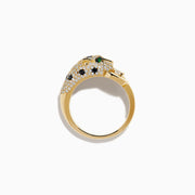 The Signature 14K Yellow Gold Diamond Panther Ring dazzles with white and black diamonds, vivid green gemstone eyes, and a large round diamond held in the panther's mouth.
