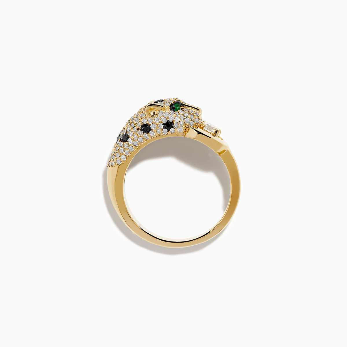 The Signature 14K Yellow Gold Diamond Panther Ring dazzles with white and black diamonds, vivid green gemstone eyes, and a large round diamond held in the panther's mouth.