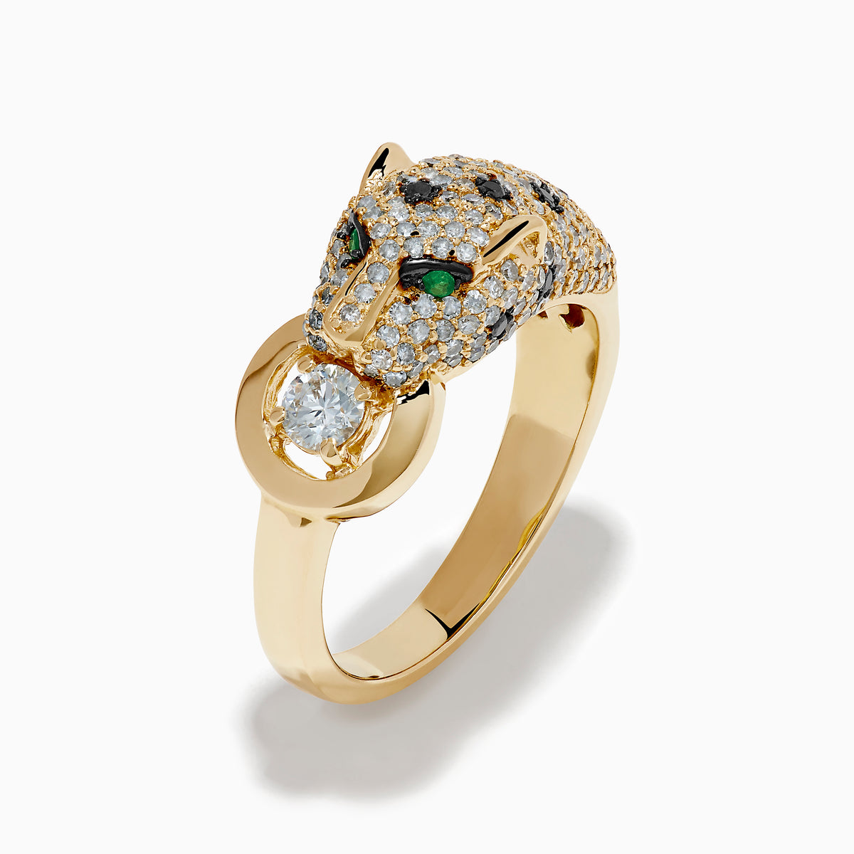 The Signature 14K Yellow Gold Diamond Panther Ring dazzles with white and black diamonds, vivid green gemstone eyes, and a large round diamond held in the panther's mouth.