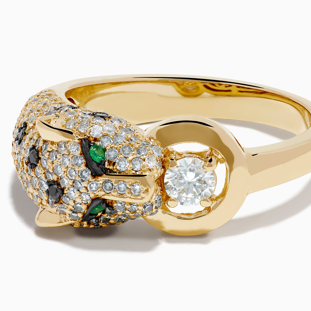 The Signature 14K Yellow Gold Diamond Panther Ring dazzles with white and black diamonds, vivid green gemstone eyes, and a large round diamond held in the panther's mouth.