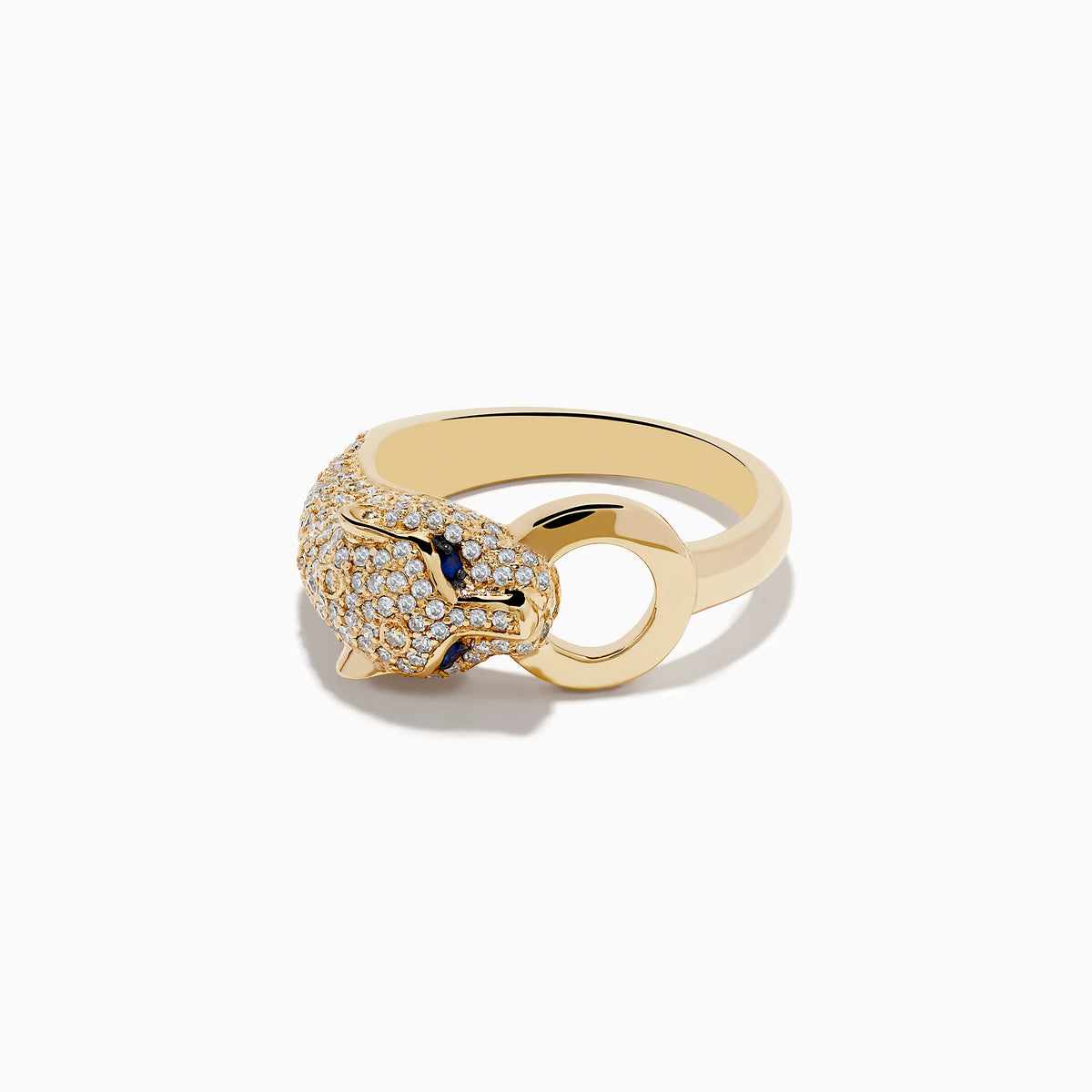 The Signature 14K Yellow Gold Sapphire and Diamond Panther Ring showcases a diamond-encrusted panther head with sapphire eyes, holding a gold loop in its mouth against a white background.