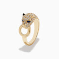 The Signature 14K Yellow Gold Sapphire and Diamond Panther Ring showcases a diamond-encrusted panther head with sapphire eyes, holding a gold loop in its mouth against a white background.