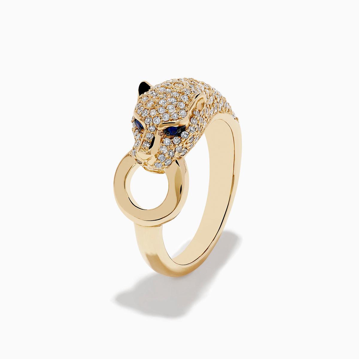 The Signature 14K Yellow Gold Sapphire and Diamond Panther Ring showcases a diamond-encrusted panther head with sapphire eyes, holding a gold loop in its mouth against a white background.
