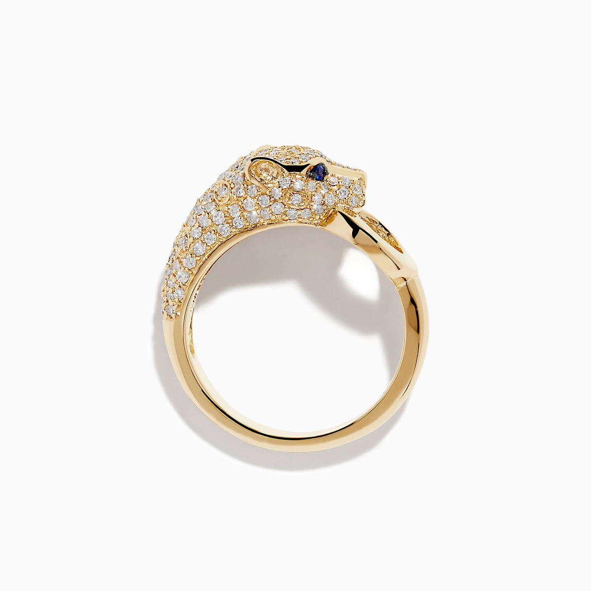 The Signature 14K Yellow Gold Sapphire and Diamond Panther Ring showcases a diamond-encrusted panther head with sapphire eyes, holding a gold loop in its mouth against a white background.