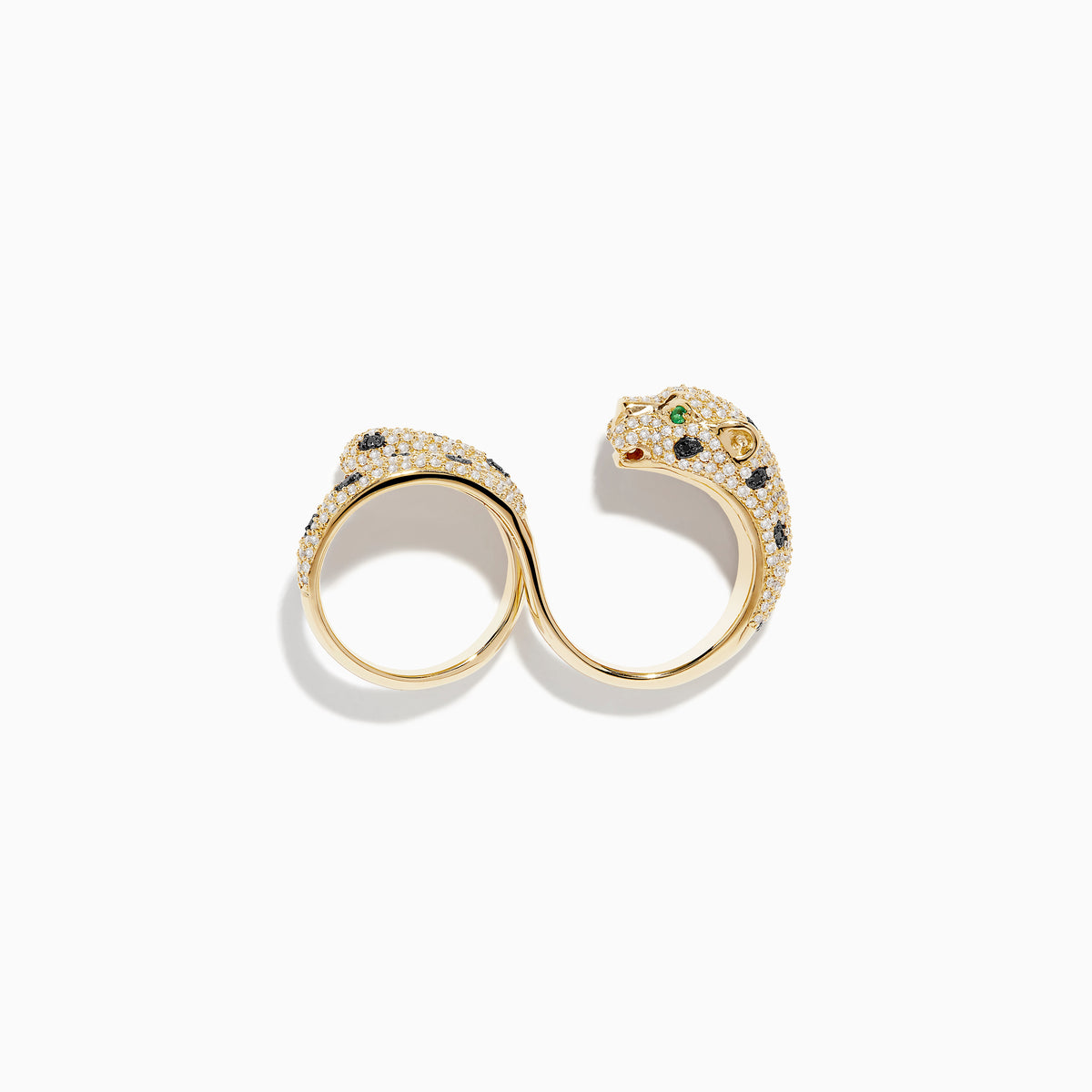 The Signature 14K Gold Emerald, Black and White Double Finger Ring features a panther design wrapping around two fingers, with emerald-green eyes, black spots, and small white gemstones encrusted on its body and tail.