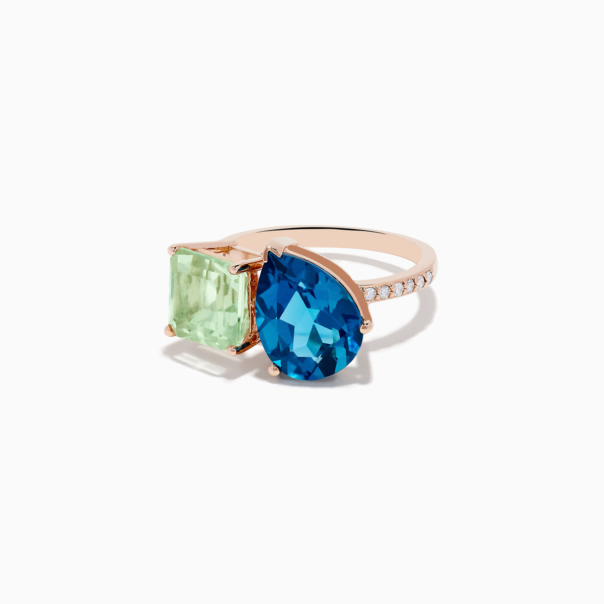 The 14K Gold Diamond, Green Amethyst, and London Blue Topaz Toi Et Moi Ring features a square-cut green amethyst and a pear-shaped London blue topaz side by side in a split shank design, shown on a white background.